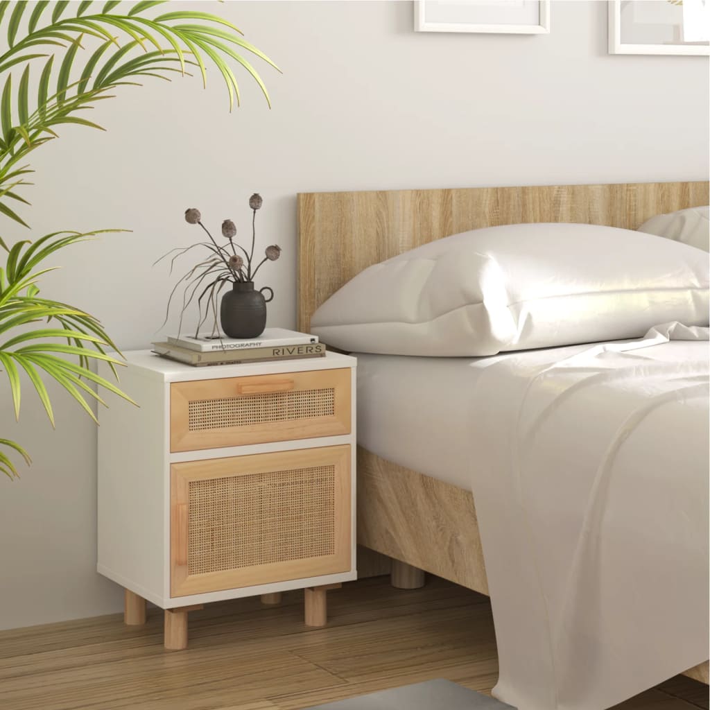 Comodino Bianco in Legno Massello di Pino e Rattan Naturalecod mxl 125977