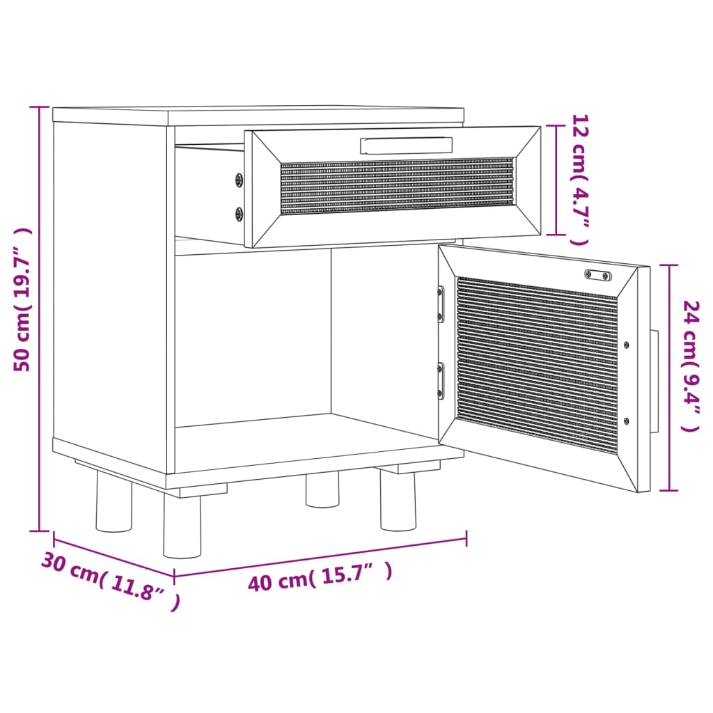 Comodini 2 pz Bianchi Legno Massello di Pino e Rattan Naturale 345607