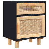 Comodino Nero in Legno Massello di Pino e Rattan Naturale cod mxl 31109