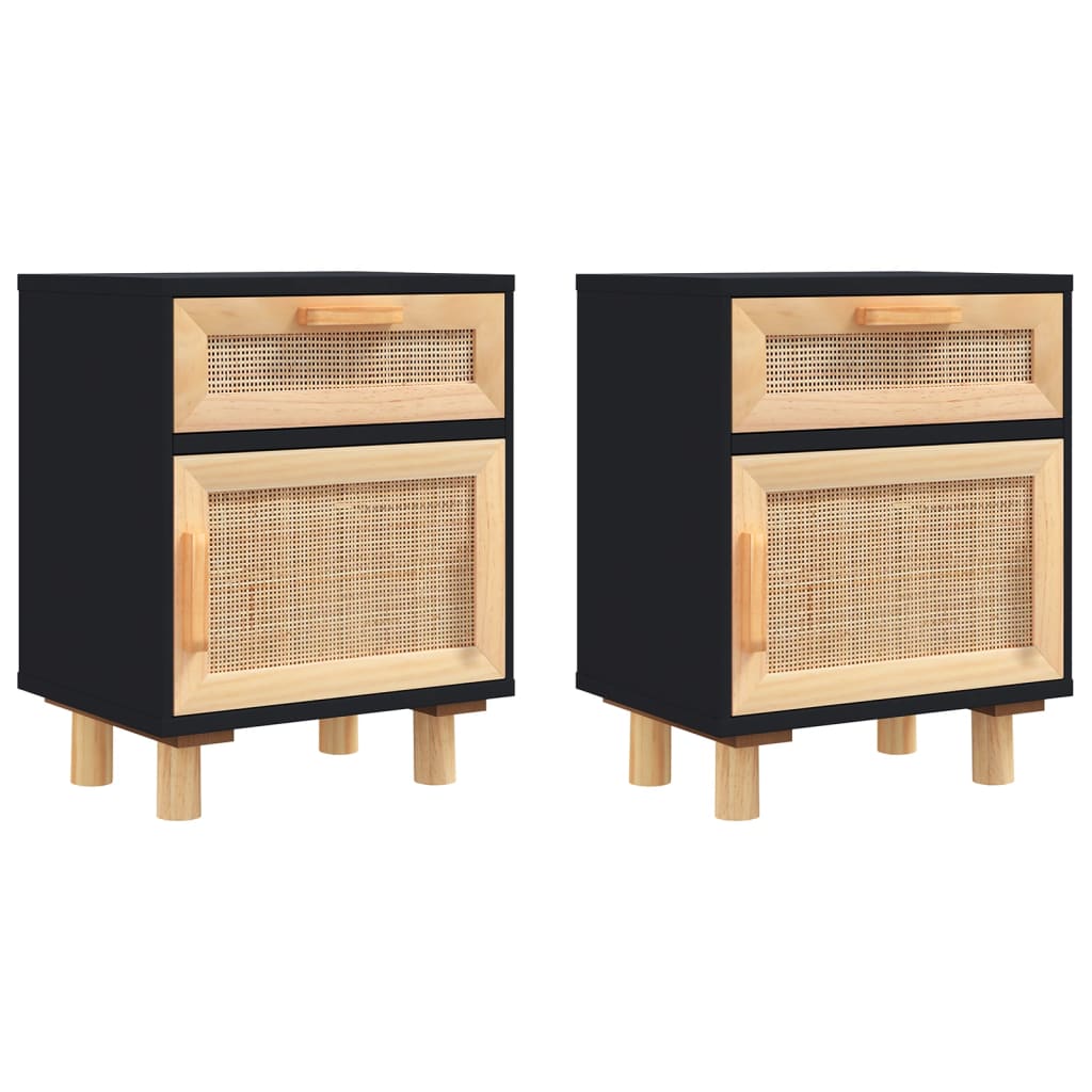 Comodini 2 pz Neri in Legno Massello di Pino e Rattan Naturale 345609