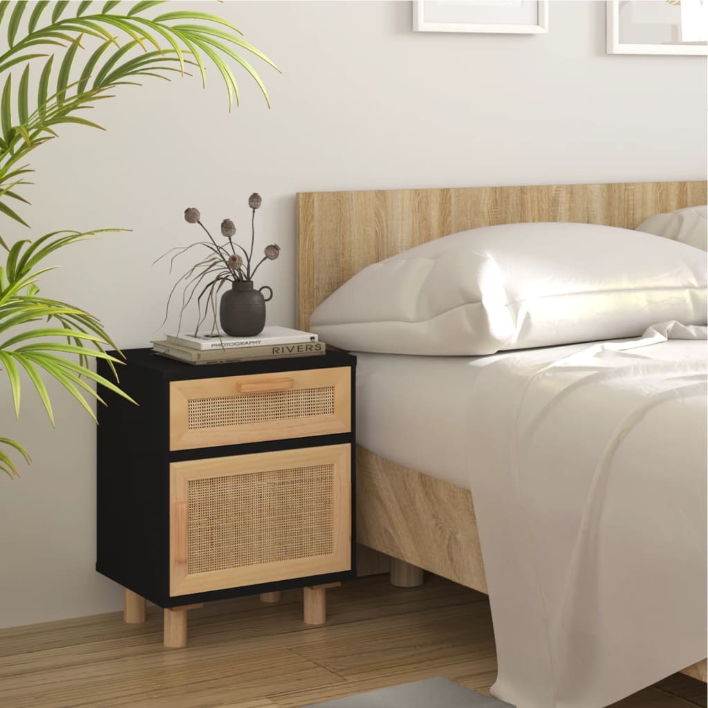 Comodini 2 pz Neri in Legno Massello di Pino e Rattan Naturale 345609