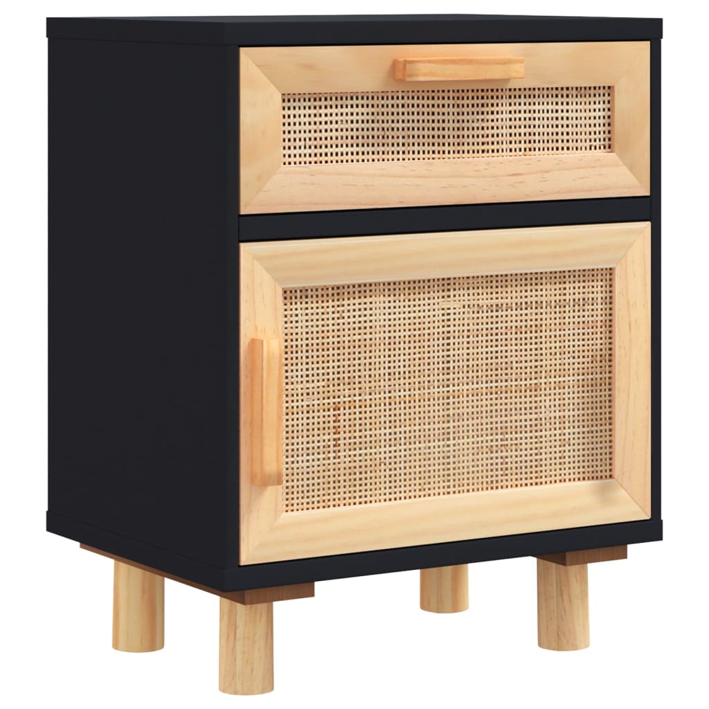 Comodini 2 pz Neri in Legno Massello di Pino e Rattan Naturale 345609