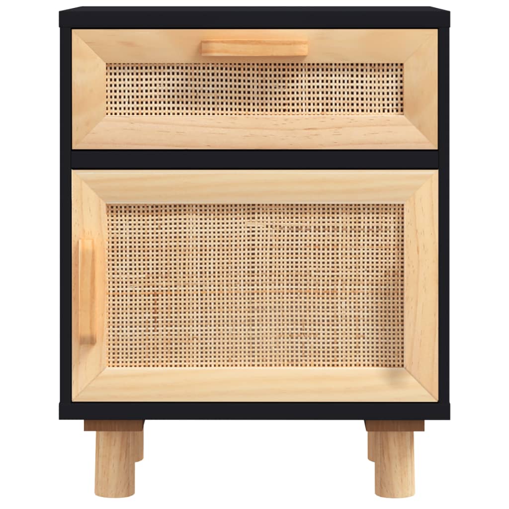 Comodini 2 pz Neri in Legno Massello di Pino e Rattan Naturale 345609