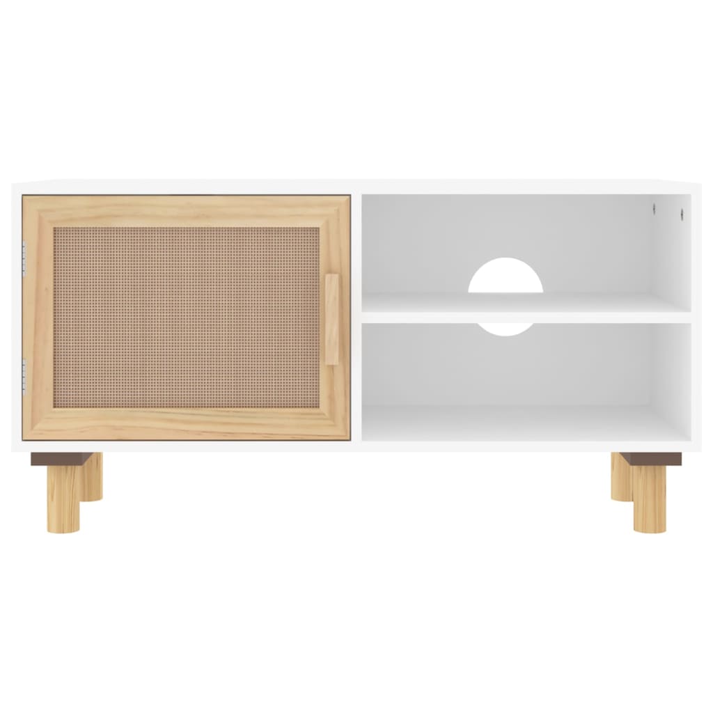 Mobile TV Bianco 80x30x40 cm Massello Pino e Rattan Naturale 345612