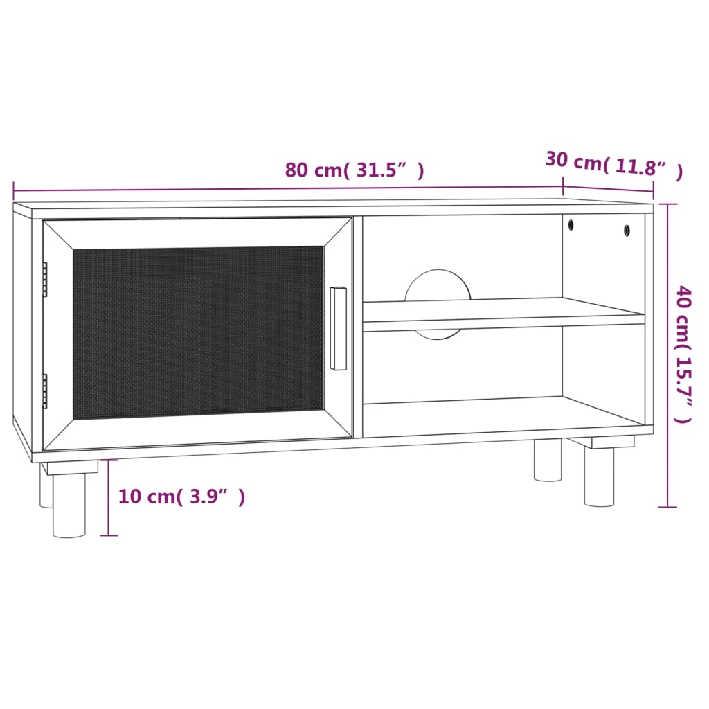 Mobile TV Bianco 80x30x40 cm Massello Pino e Rattan Naturale 345612