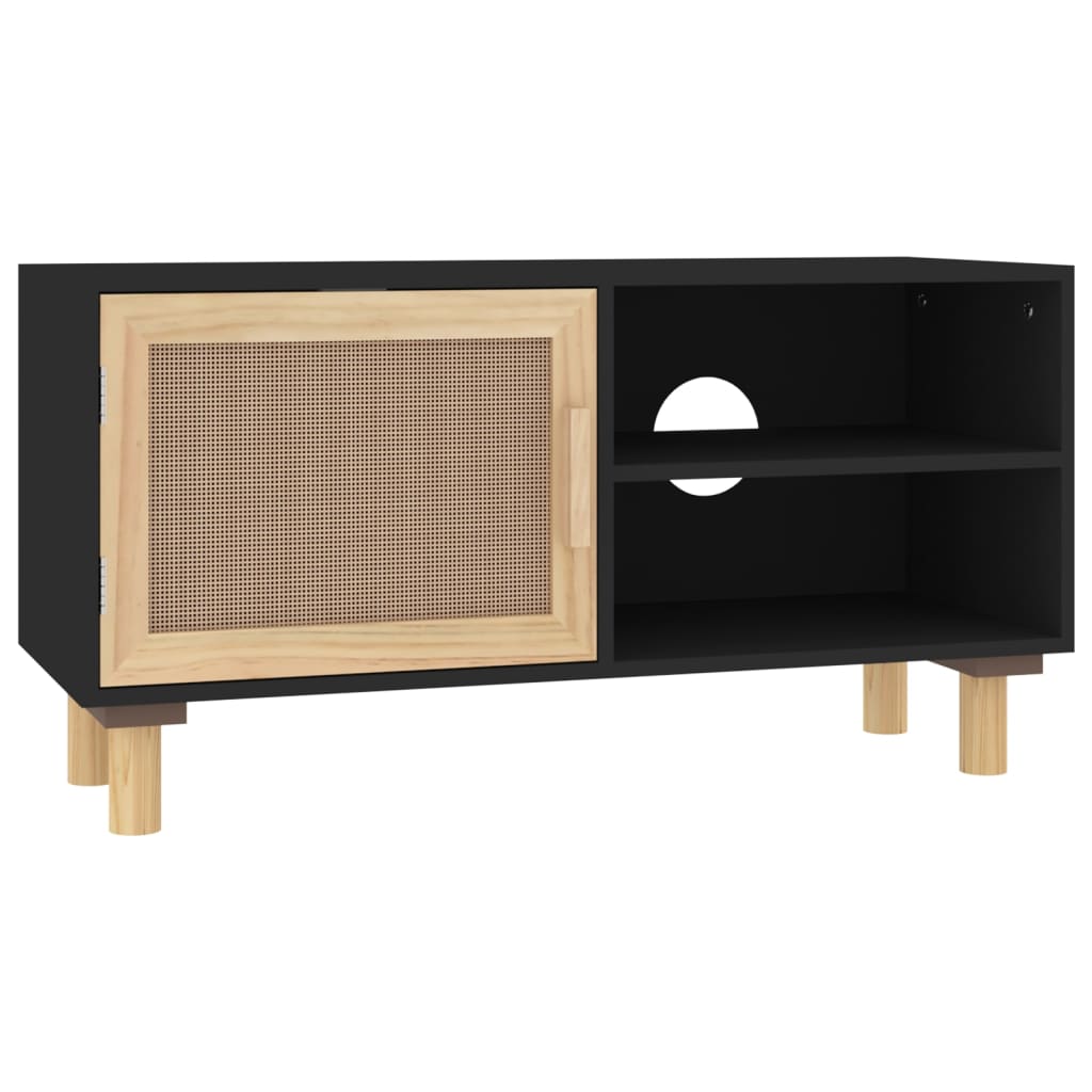 Mobile TV Nero 80x30x40 cm Massello Pino e Rattan Naturale