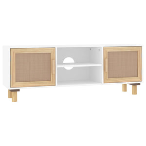 Mobile TV Bianco 105x30x40 cm Massello Pino e Rattan Naturale