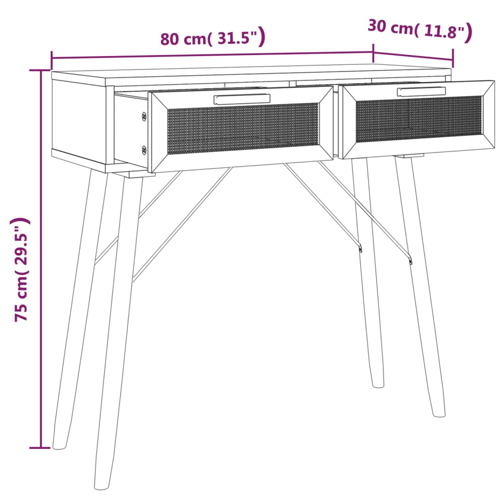 Tavolo Consolle Bianco 80x30x75cm Massello Pino Rattan Naturale cod mxl 11725