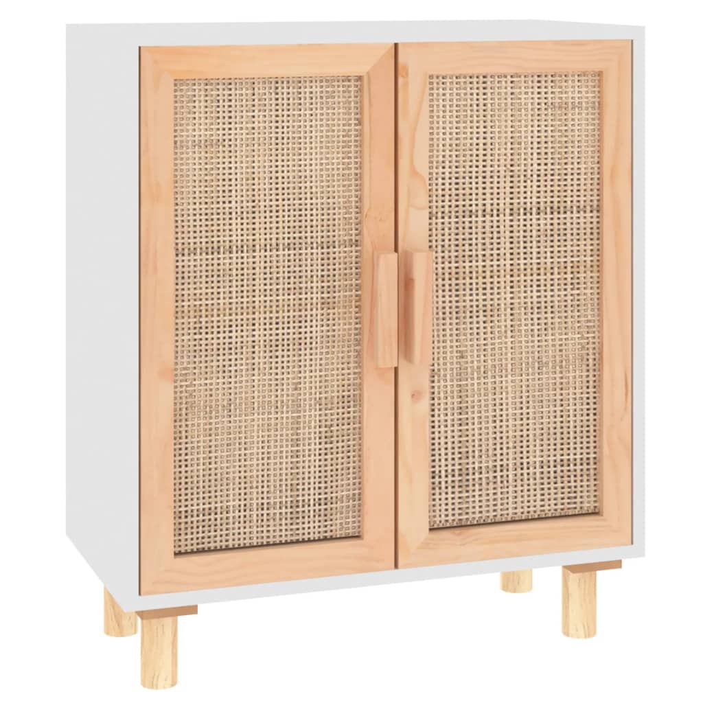 Credenza Bianca 60x30x70 cm Legno Massello Pino Rattan Naturale cod mxl 12736