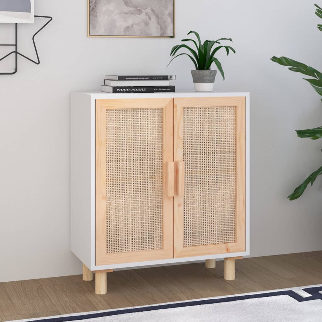 Credenza Bianca 60x30x70 cm Legno Massello Pino Rattan Naturale cod mxl 12736