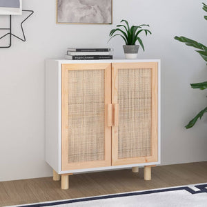 Credenza Bianca 60x30x70 cm Legno Massello Pino Rattan Naturale cod mxl 12736