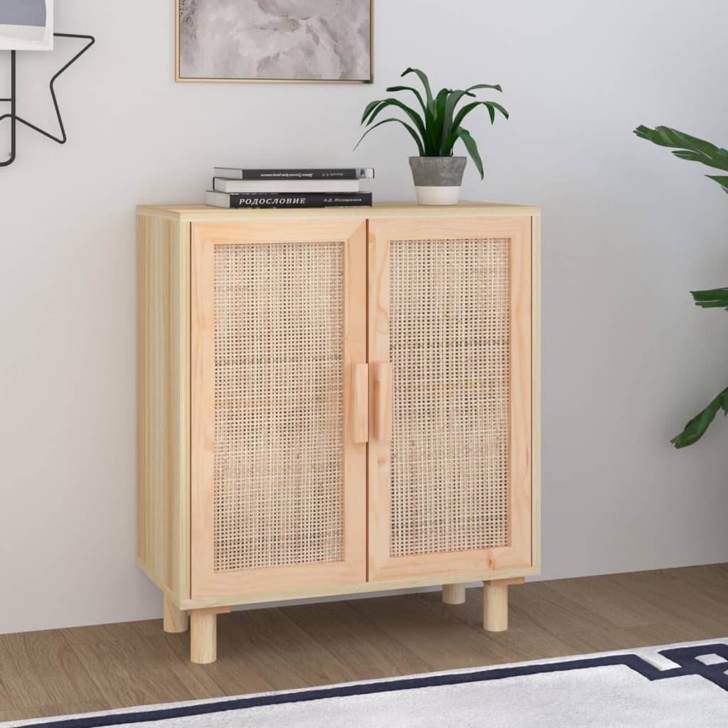 Credenza Marrone 60x30x70cm Legno Massello Pino Rattan Naturale cod mxl 12486