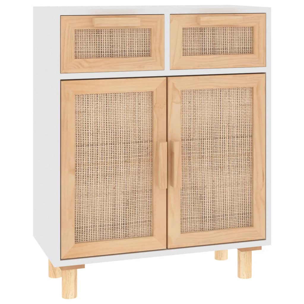 Credenza Bianca 60x30x75 cm Legno Massello Pino Rattan Naturale cod mxl 17961