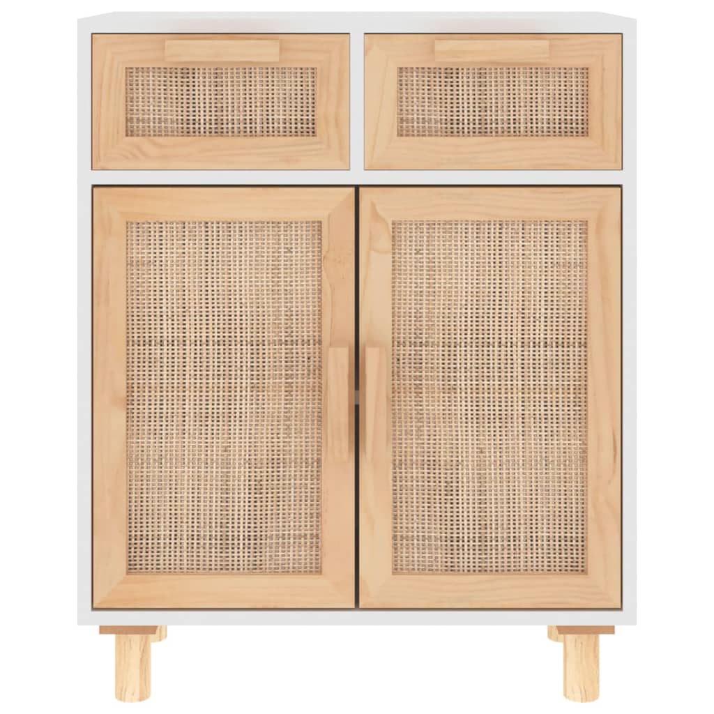 Credenza Bianca 60x30x75 cm Legno Massello Pino Rattan Naturale cod mxl 17961