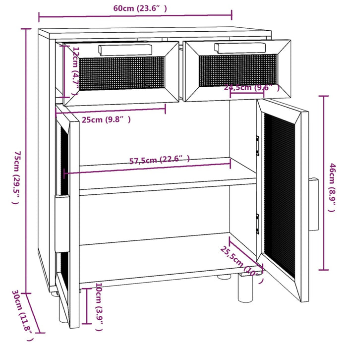 Credenza Bianca 60x30x75 cm Legno Massello Pino Rattan Naturale 345636