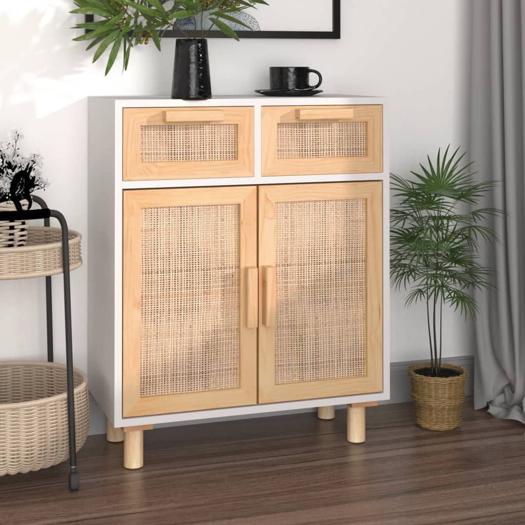 Credenza Bianca 60x30x75 cm Legno Massello Pino Rattan Naturale cod mxl 17961