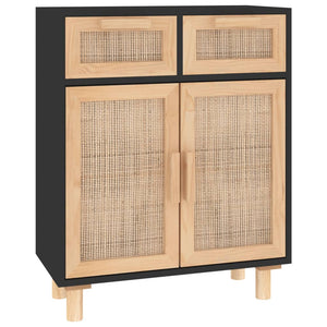 Credenza Nera 60x30x75 cm Legno Massello Pino e Rattan Naturale cod mxl 9960