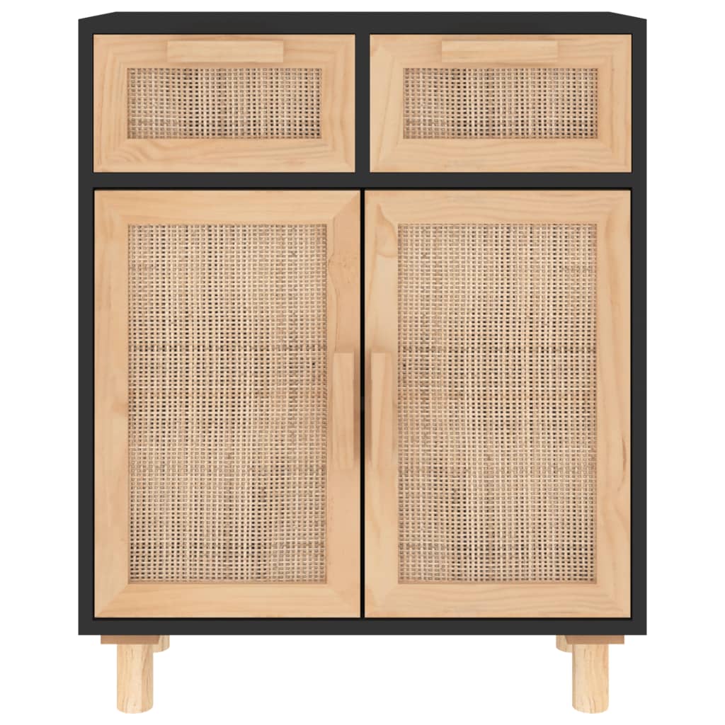 Credenza Nera 60x30x75 cm Legno Massello Pino e Rattan Naturale cod mxl 9960