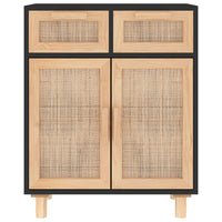 Credenza Nera 60x30x75 cm Legno Massello Pino e Rattan Naturale 345637