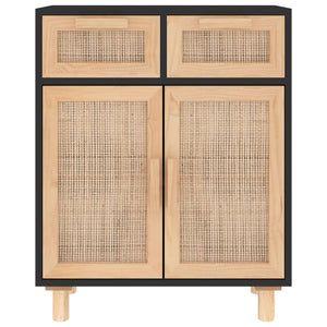 Credenza Nera 60x30x75 cm Legno Massello Pino e Rattan Naturale 345637