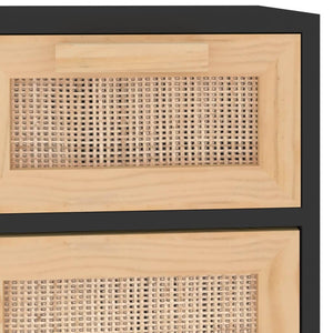 Credenza Nera 60x30x75 cm Legno Massello Pino e Rattan Naturale cod mxl 9960