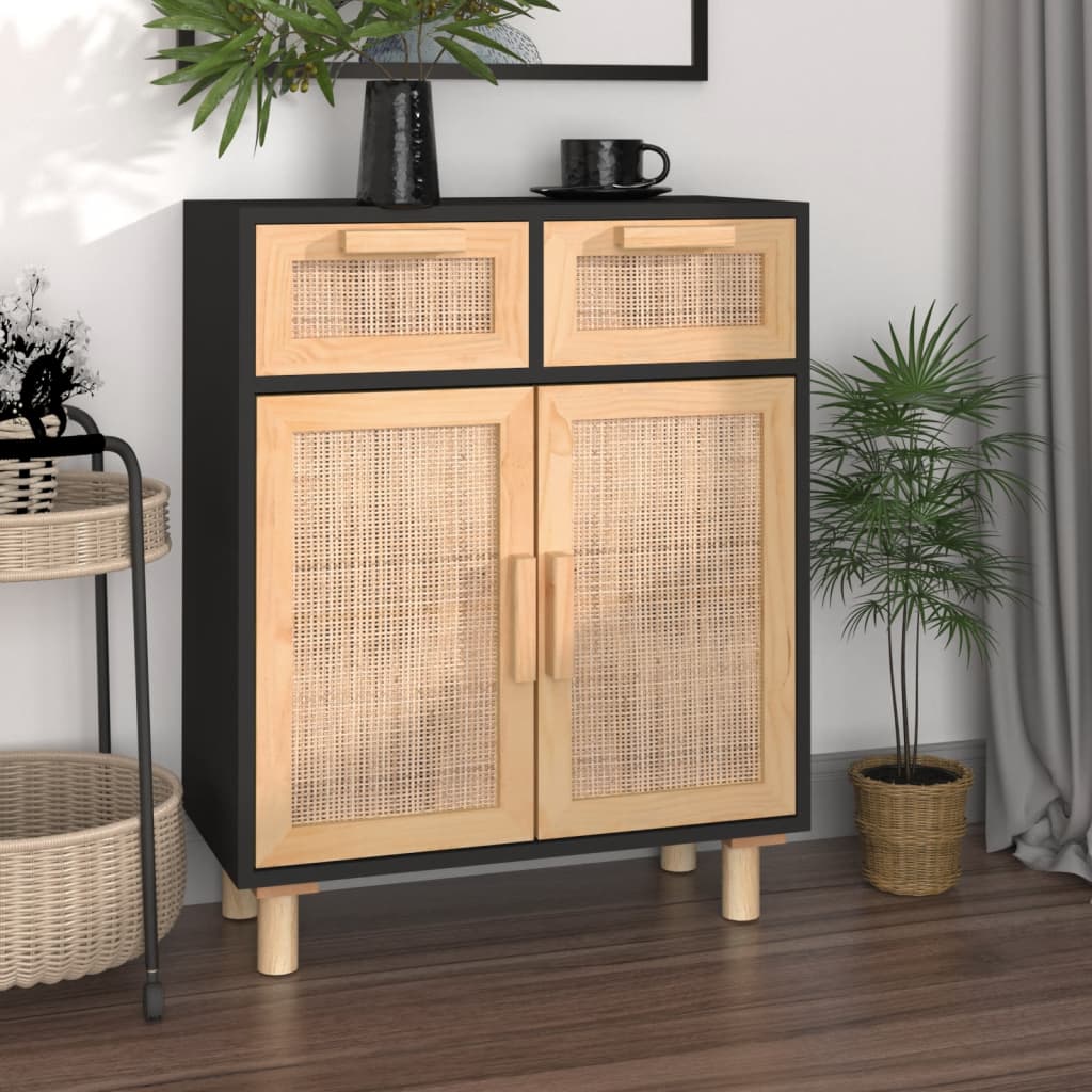 Credenza Nera 60x30x75 cm Legno Massello Pino e Rattan Naturale 345637