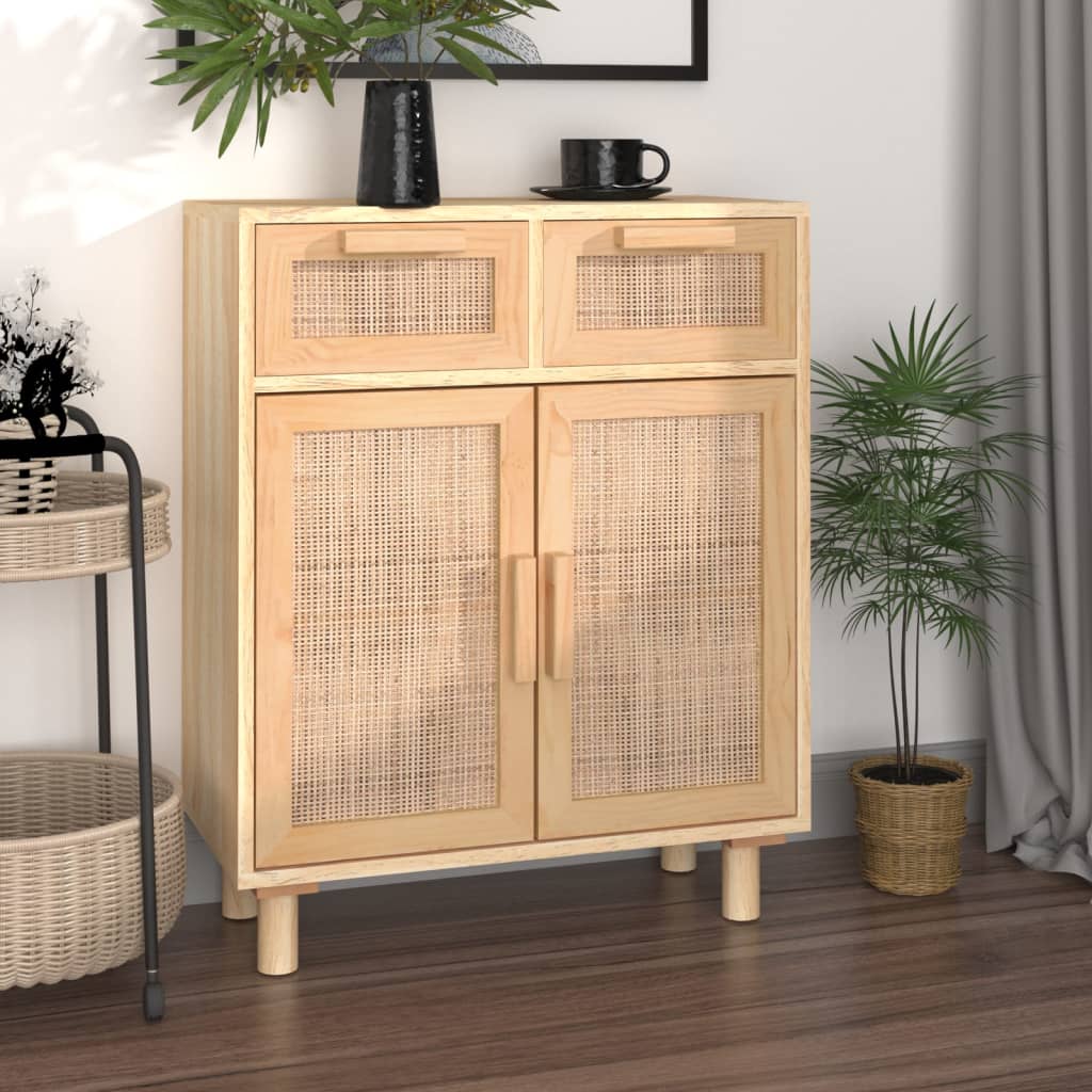 Credenza Marrone 60x30x75cm Legno Massello Pino Rattan Naturale cod mxl 65493