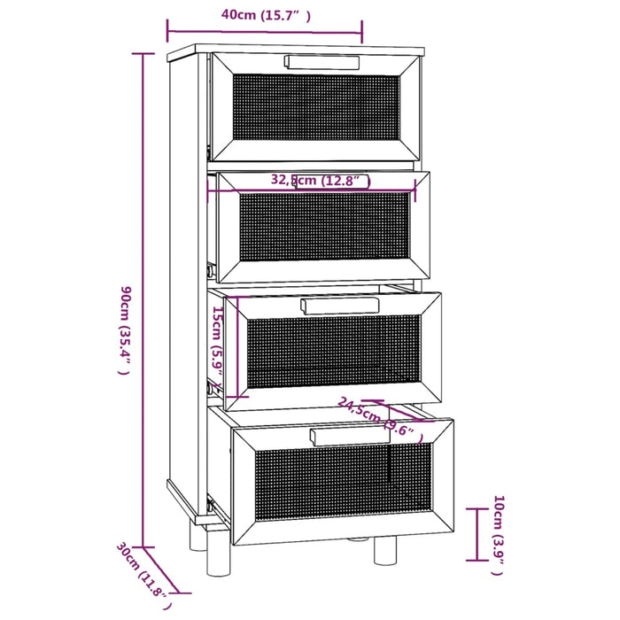 Credenza Marrone 40x30x90cm Legno Massello Pino Rattan Naturale cod mxl 12476