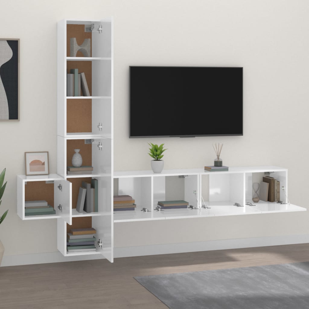 Set di Mobili Porta TV 5 pz Bianco Lucido in Legno Multistrato cod mxl 13471