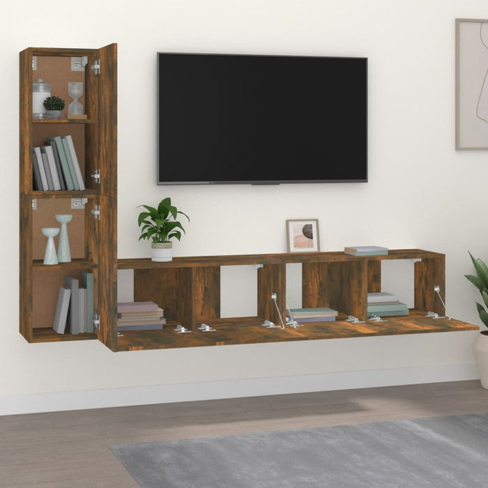 Set di Mobili Porta TV 4 pz Rovere Fumo in Legno Multistrato cod mxl 12154