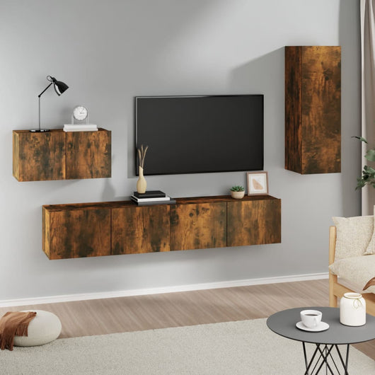 Set di Mobili Porta TV 4 pz Rovere Fumo in Legno Multistrato cod mxl 12127