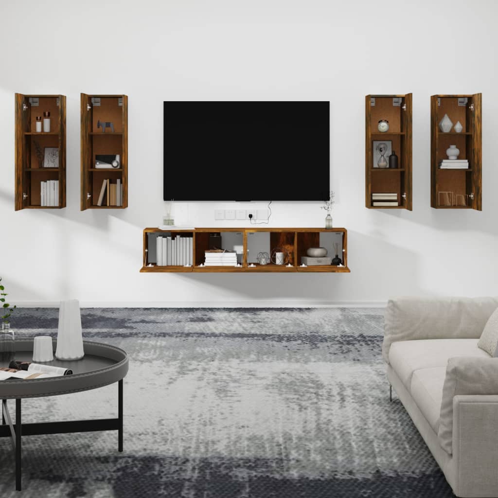 Set di Mobili Porta TV 6 pz Rovere Fumo in Legno Multistrato cod mxl 20106