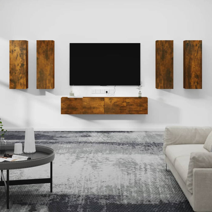 Set di Mobili Porta TV 6 pz Rovere Fumo in Legno Multistrato cod mxl 20106