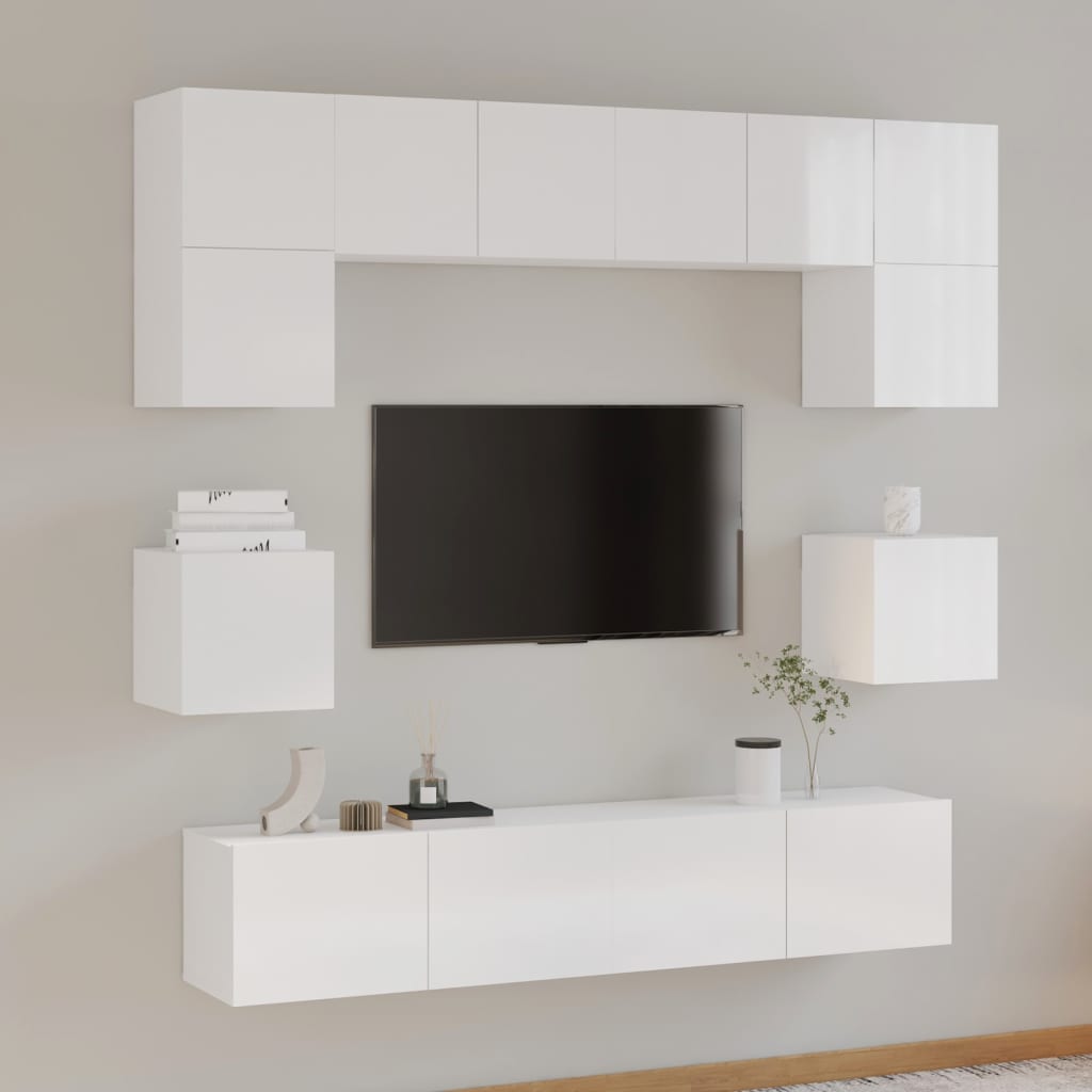 Set Mobili Porta TV 8pz Bianco Lucido in Legno Multistrato 3114410