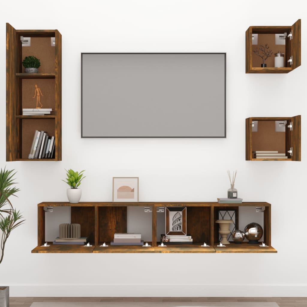 Set di Mobili Porta TV 5 pz Rovere Fumo in Legno Multistrato 3114443