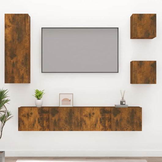 Set di Mobili Porta TV 5 pz Rovere Fumo in Legno Multistrato cod mxl 12139