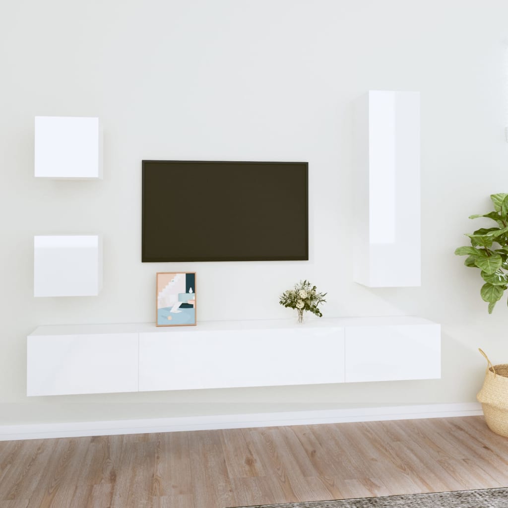 Set di Mobili Porta TV 5 pz Bianco Lucido in Legno Multistrato 3114450