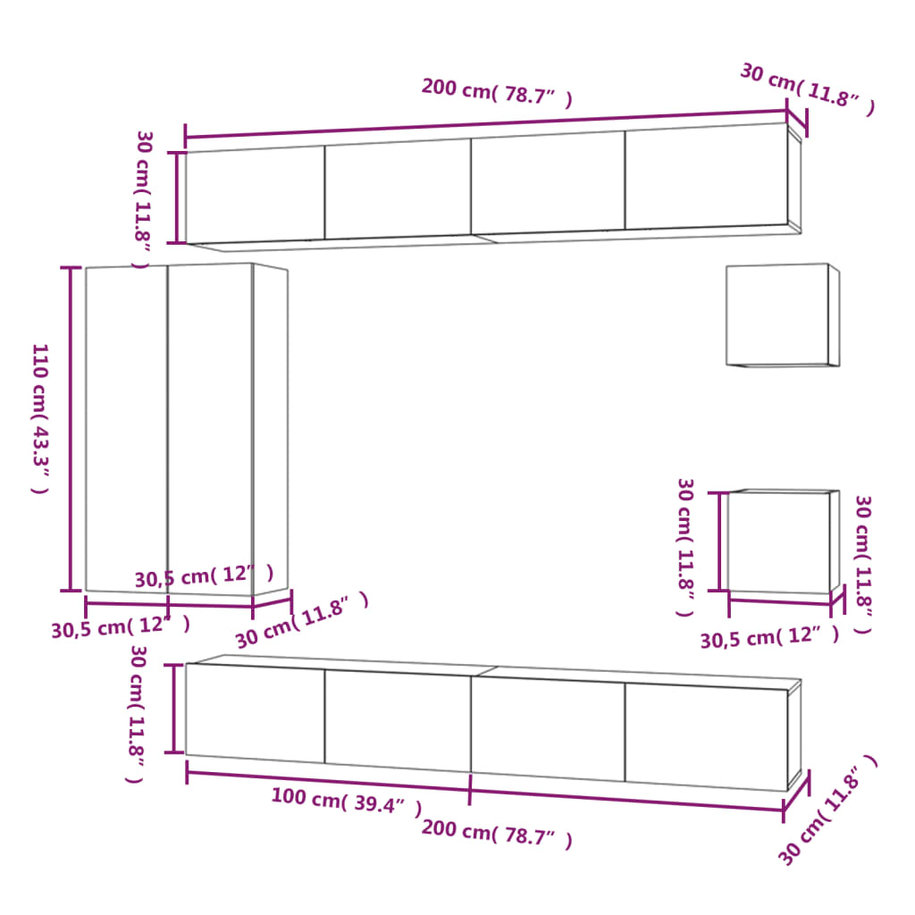 Set Mobili Porta TV 8pz Bianco in Legno Multistrato cod mxl 58478