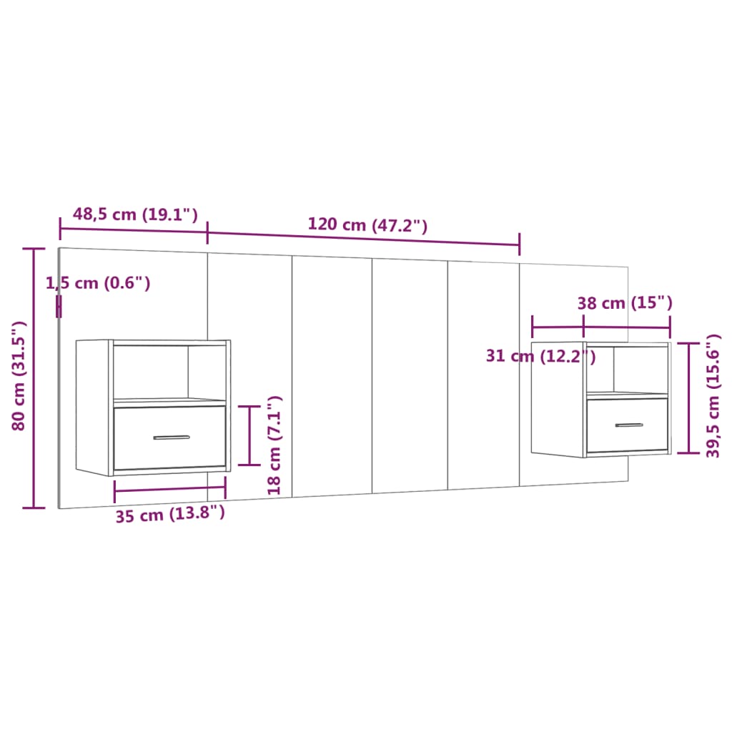 Testiera per Letto con Comodini in Legno Multistrato Nero 3115693