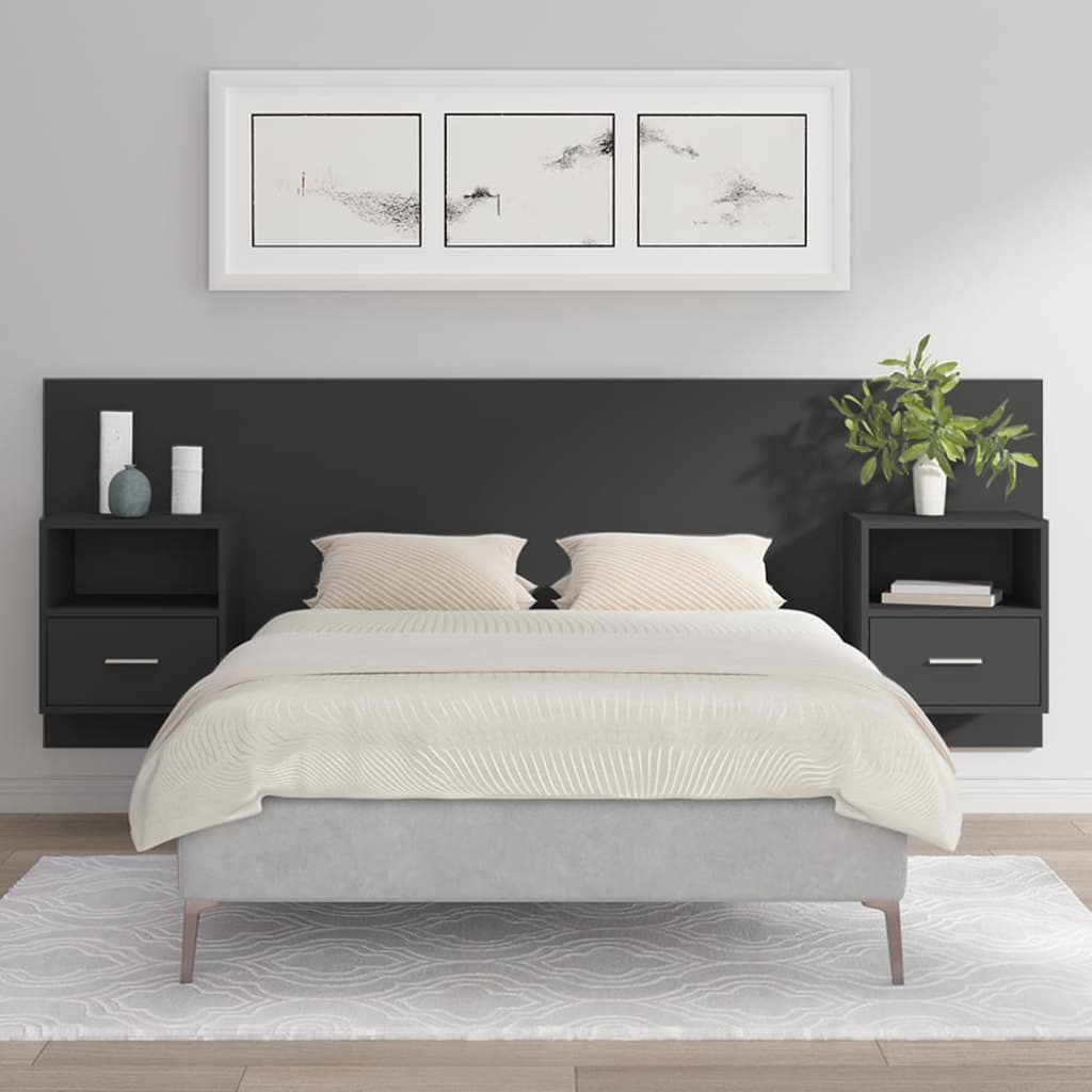 Testiera per Letto con Comodini in Legno Multistrato Nero cod mxl 72933