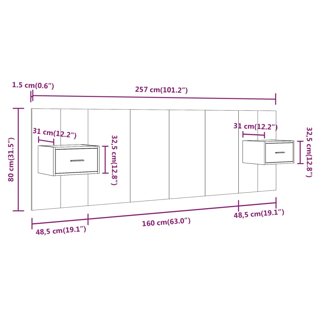 Testiera per Letto con Comodini in Legno Multistrato Nero 3115701