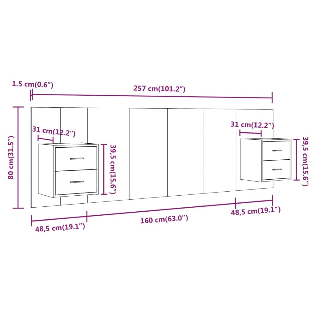 Testiera Letto con Comodini in Legno Multistrato Grigio Sonoma cod mxl 66567