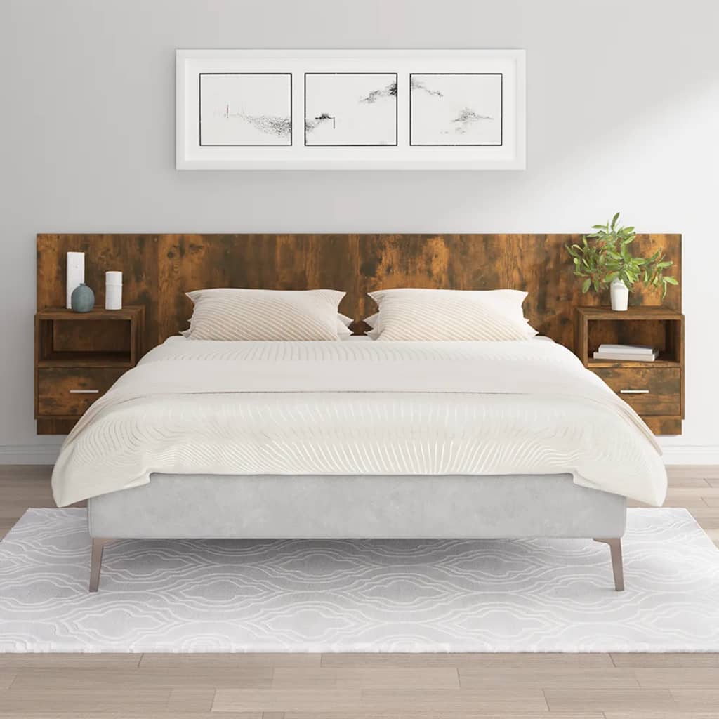 Testiera Letto con Comodini Rovere Fumo in Legno Multistrato 3115721