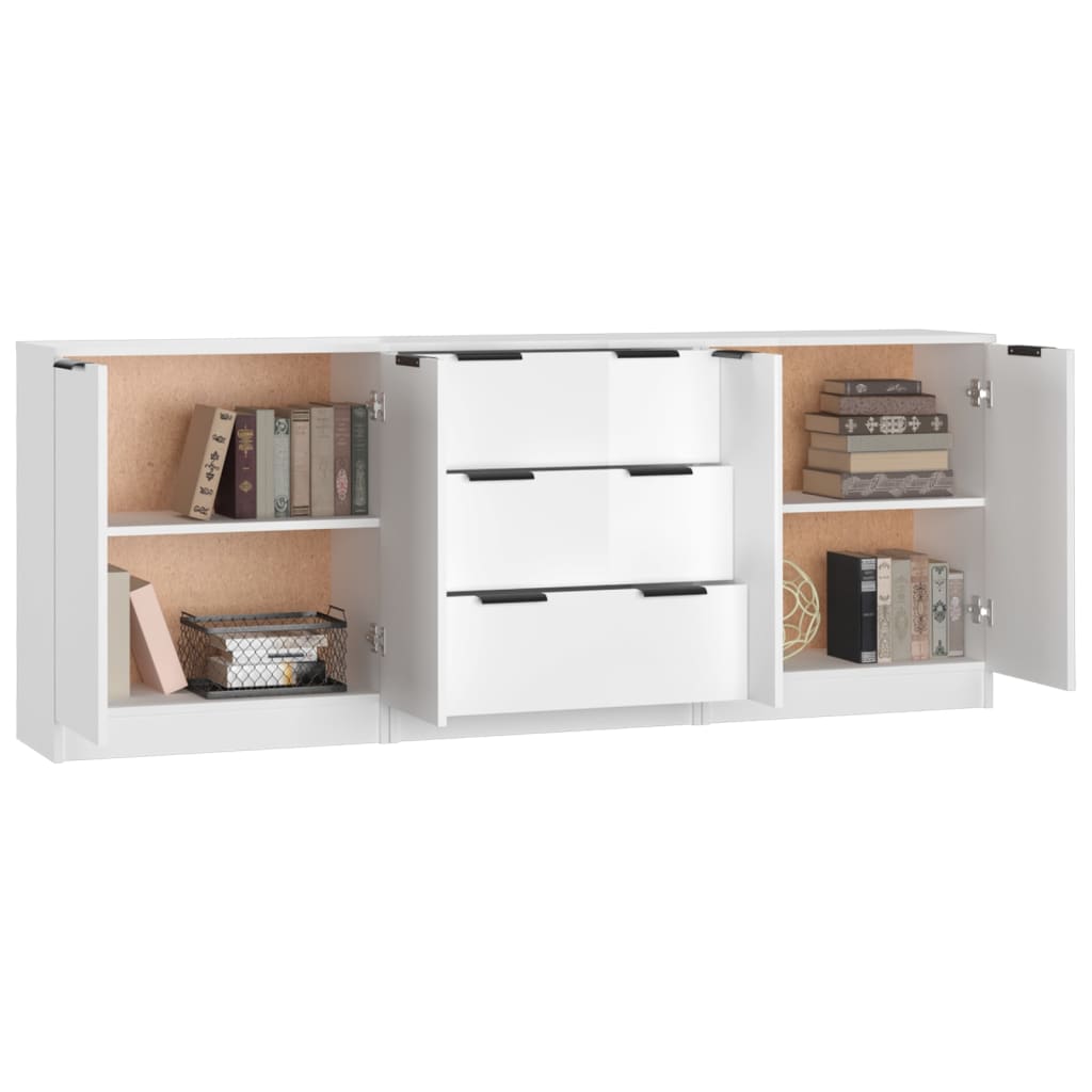 Credenze 3 pz Bianco Lucido in Legno Multistrato 3115784