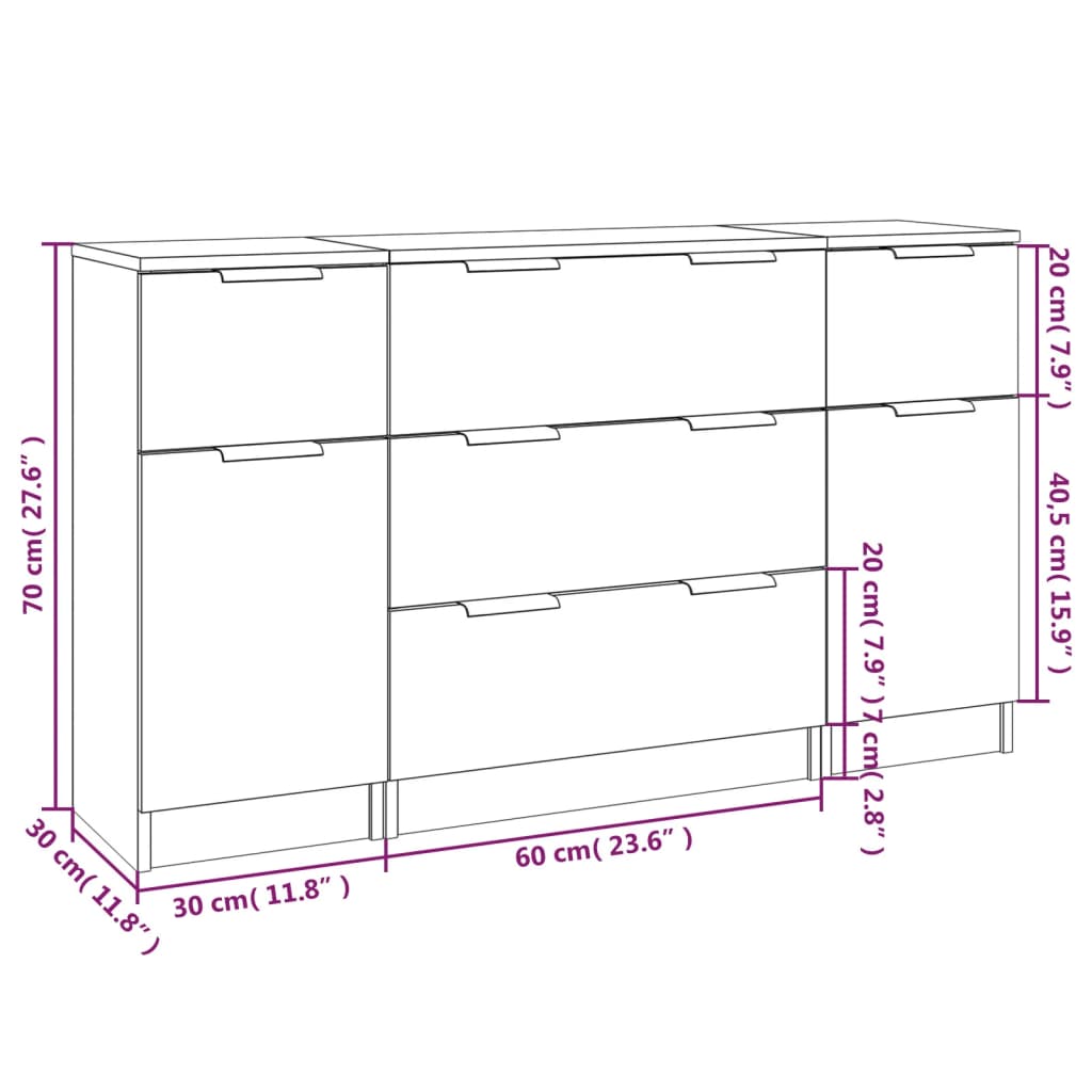 Set di Credenze 3 pz Bianco Lucido in Legno Multistrato cod mxl 9296