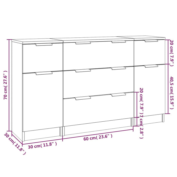 Set di Credenze 3 pz Bianco Lucido in Legno Multistrato cod mxl 9296