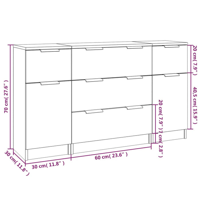 Set di Credenze 3 pz Rovere Fumo in Legno Multistrato