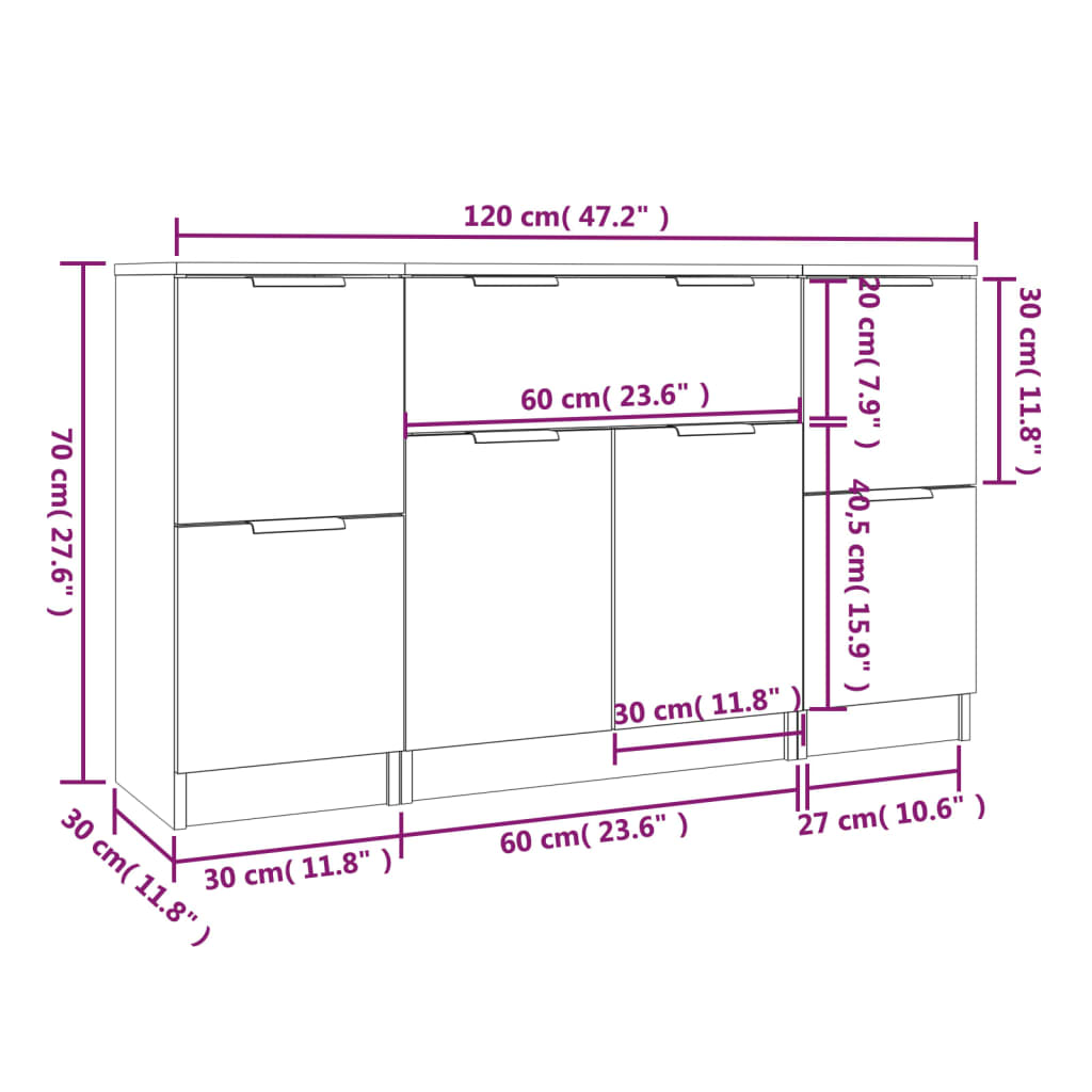 Credenze 3 pz Bianco Lucido in Legno Multistrato