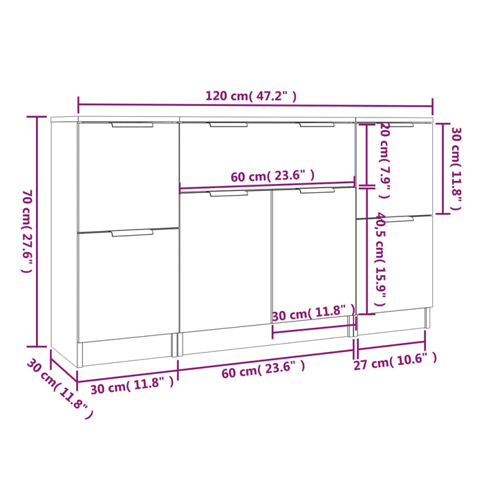 Credenze 3 pz Rovere Fumo in Legno Multistrato 3115833