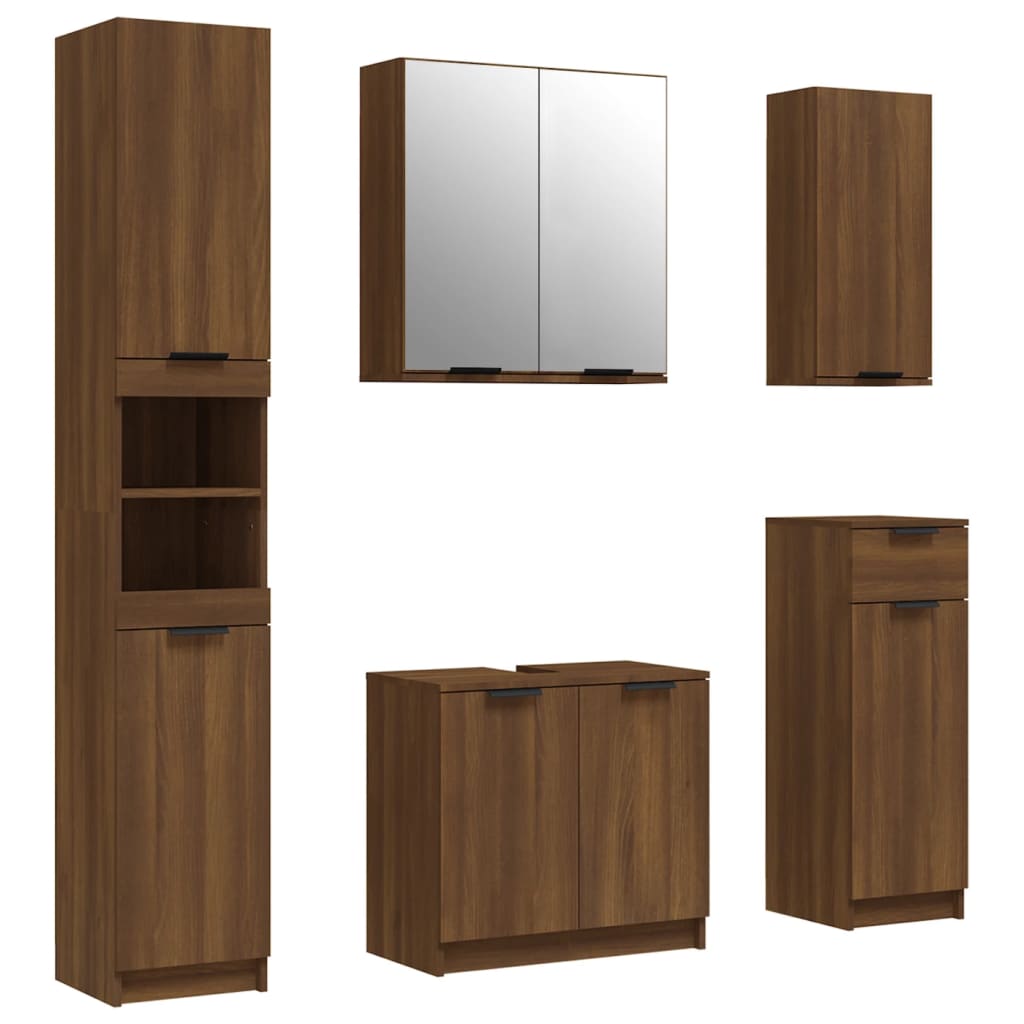 Set Mobili da Bagno 5 pz Rovere Marrone in Legno Multistrato cod mxl 13905